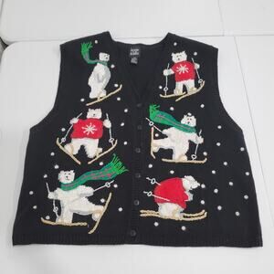 Vtg Jacque & KoKo Sweater Vest Womens 18/20 Black Polar Bear Ski Ugly Christmas